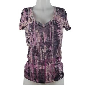 Cruel Girl Country Western Burn-Out Purple Abstract V-Neck Women's Top M
